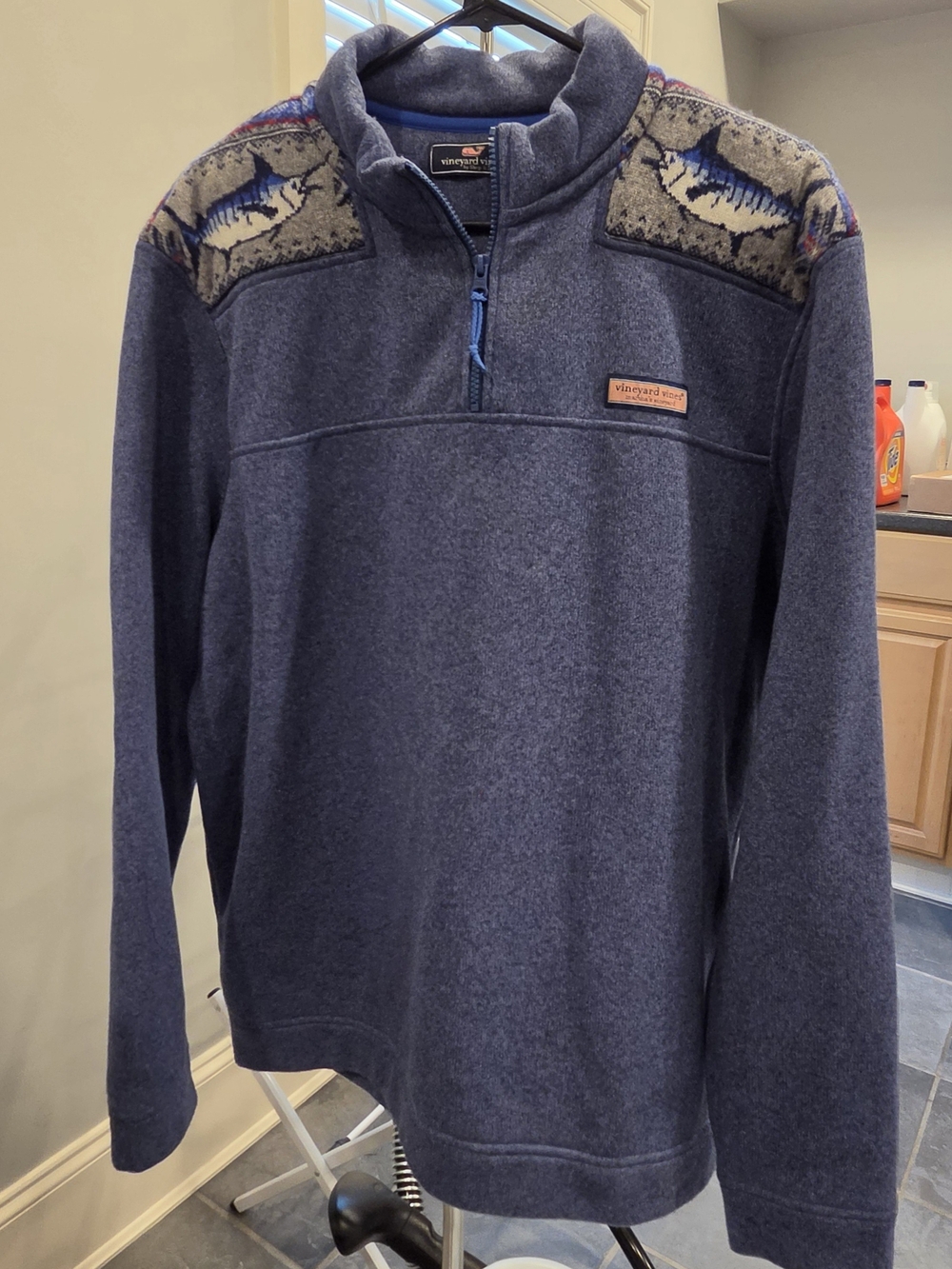 Vineyard Vines Men's Navy Quarter-Zip Sweater with Fish Pattern
